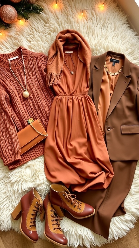 A collection of brown Christmas outfits including a knit sweater, midi dress, and blazer, styled with festive accessories.